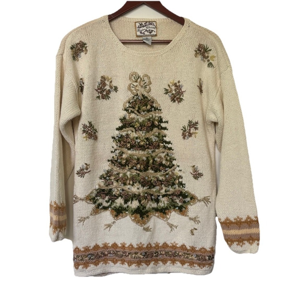 Tiara International Vintage Christmas Sweater S Beaded Embroidered Cream